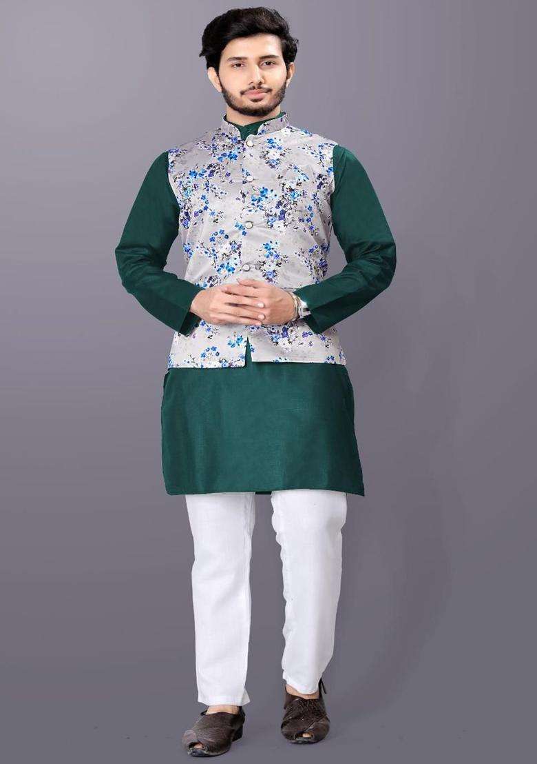 Green Solid Cotton Kurta Set For Men - Indya