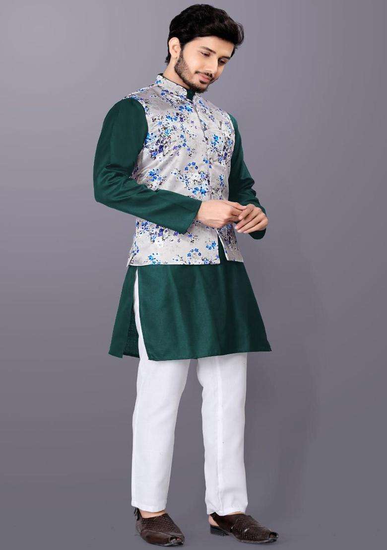 Green Solid Cotton Kurta Set For Men - Indya