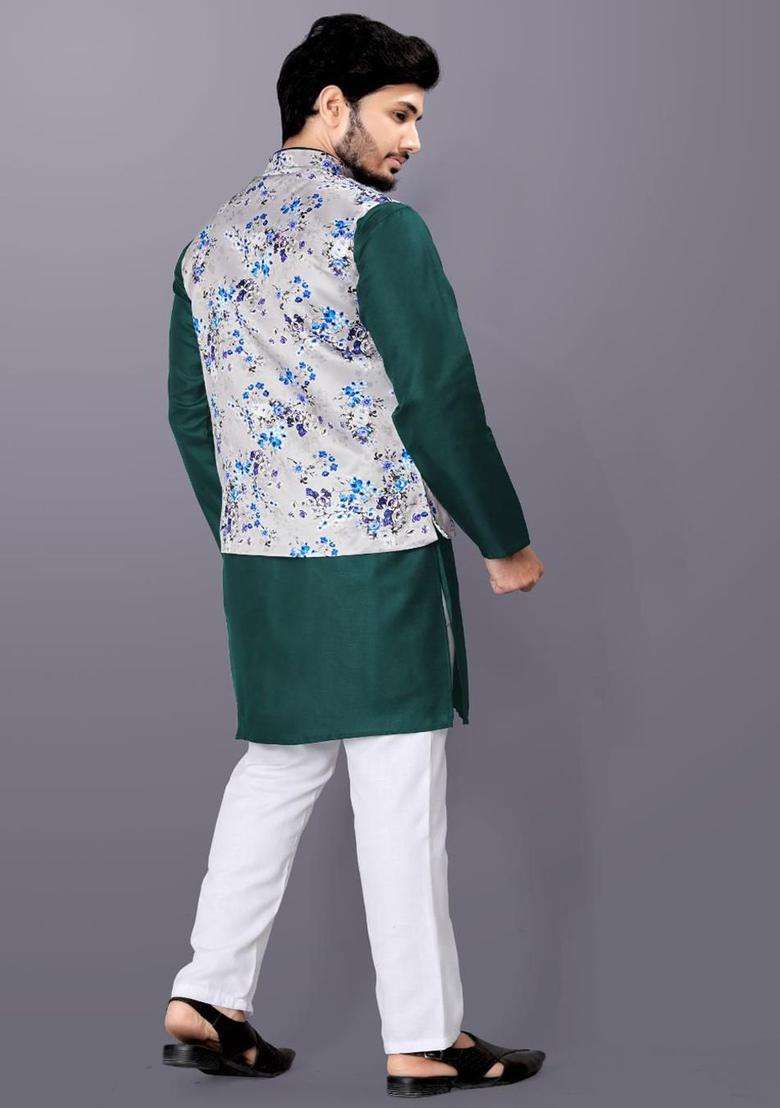 Green Solid Cotton Kurta Set For Men - Indya