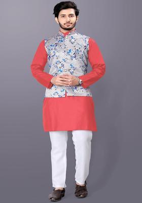 Peach Solid Cotton Kurta Set For Men
