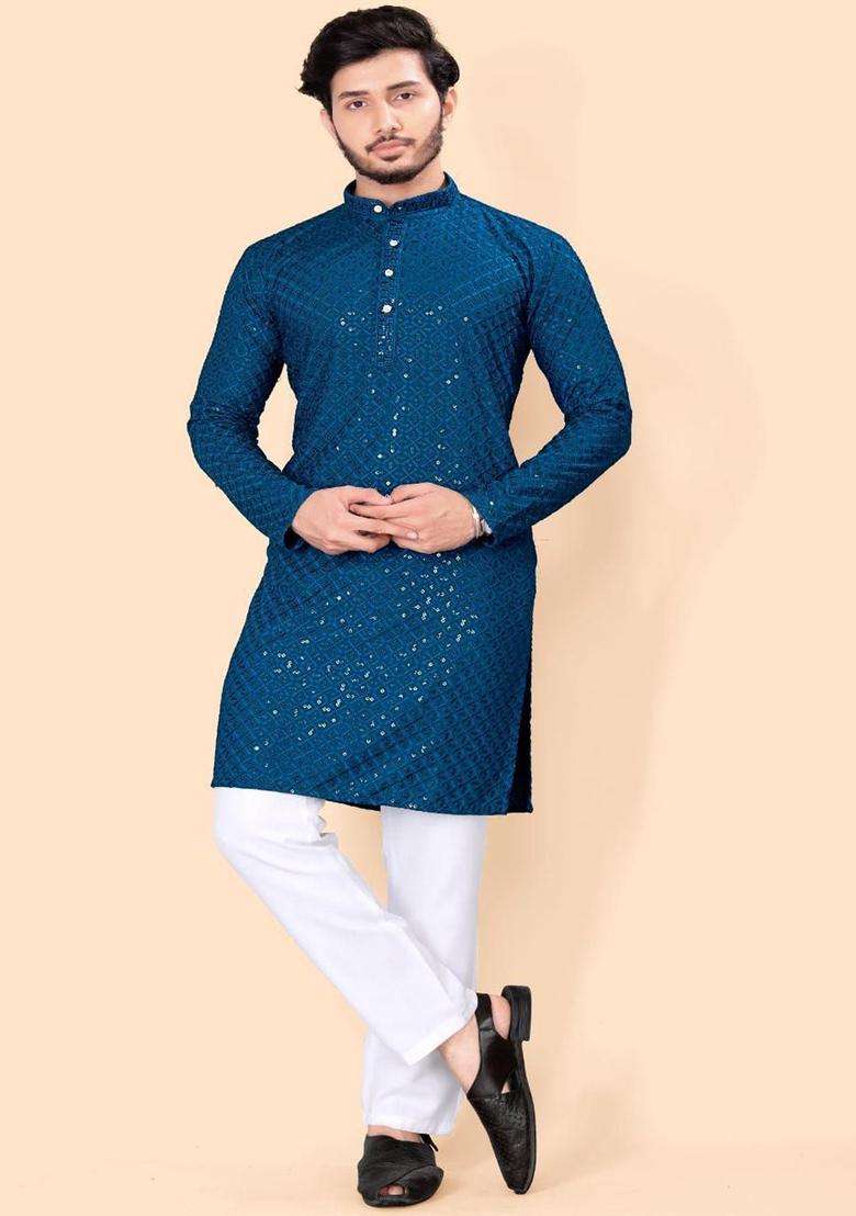 Blue Embroidered Viscose Kurta Set For Men - Indya