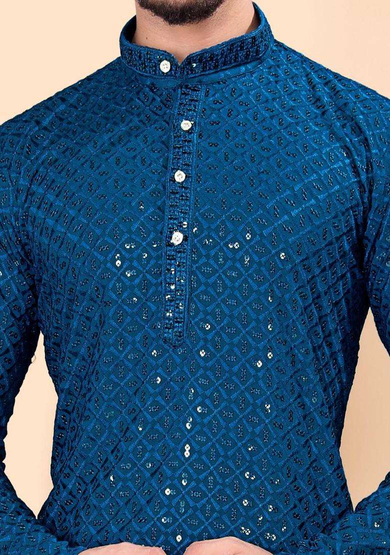 Blue Embroidered Viscose Kurta Set For Men - Indya