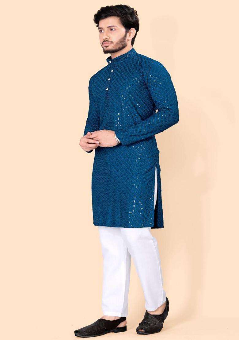 Blue Embroidered Viscose Kurta Set For Men - Indya