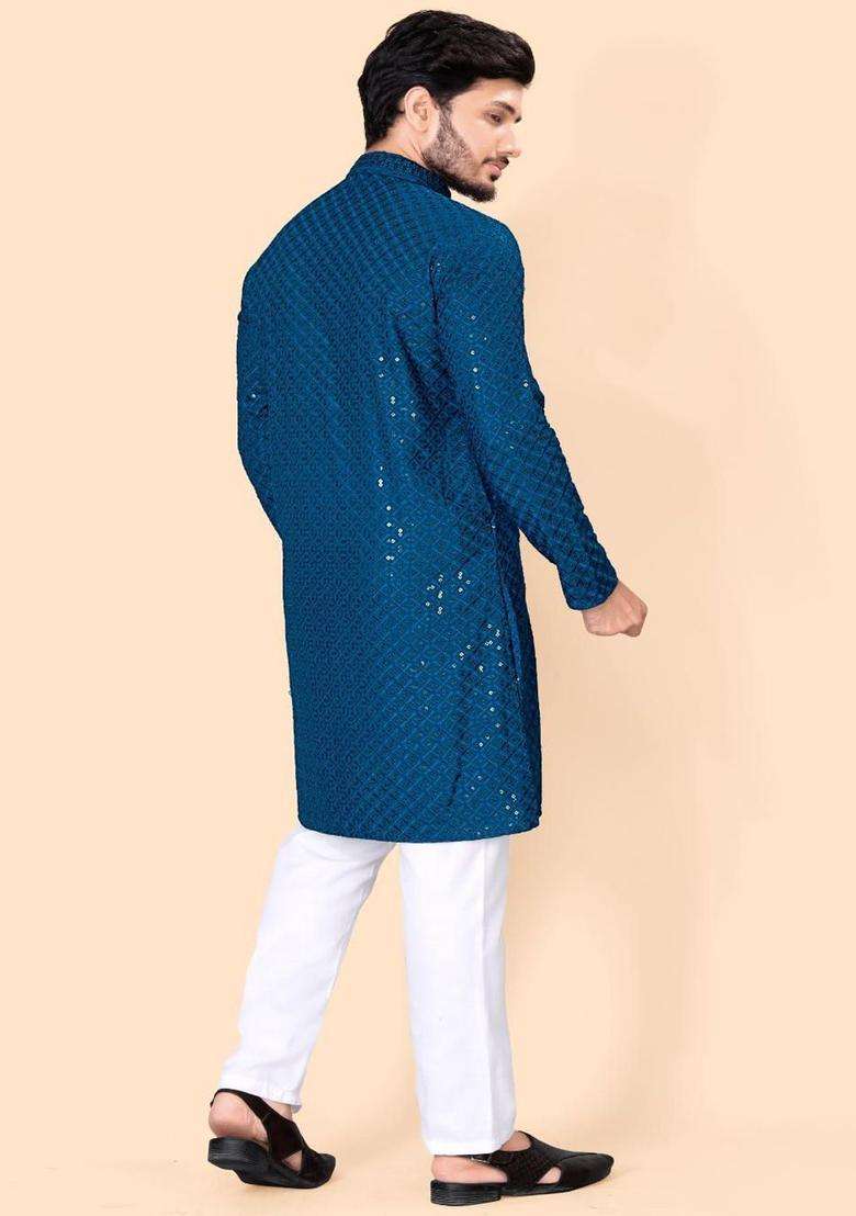 Blue Embroidered Viscose Kurta Set For Men - Indya