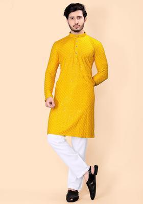 Yellow Embroidered Viscose Kurta Set For Men