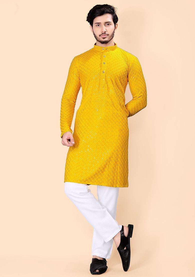 Yellow Embroidered Viscose Kurta Set For Men - Indya
