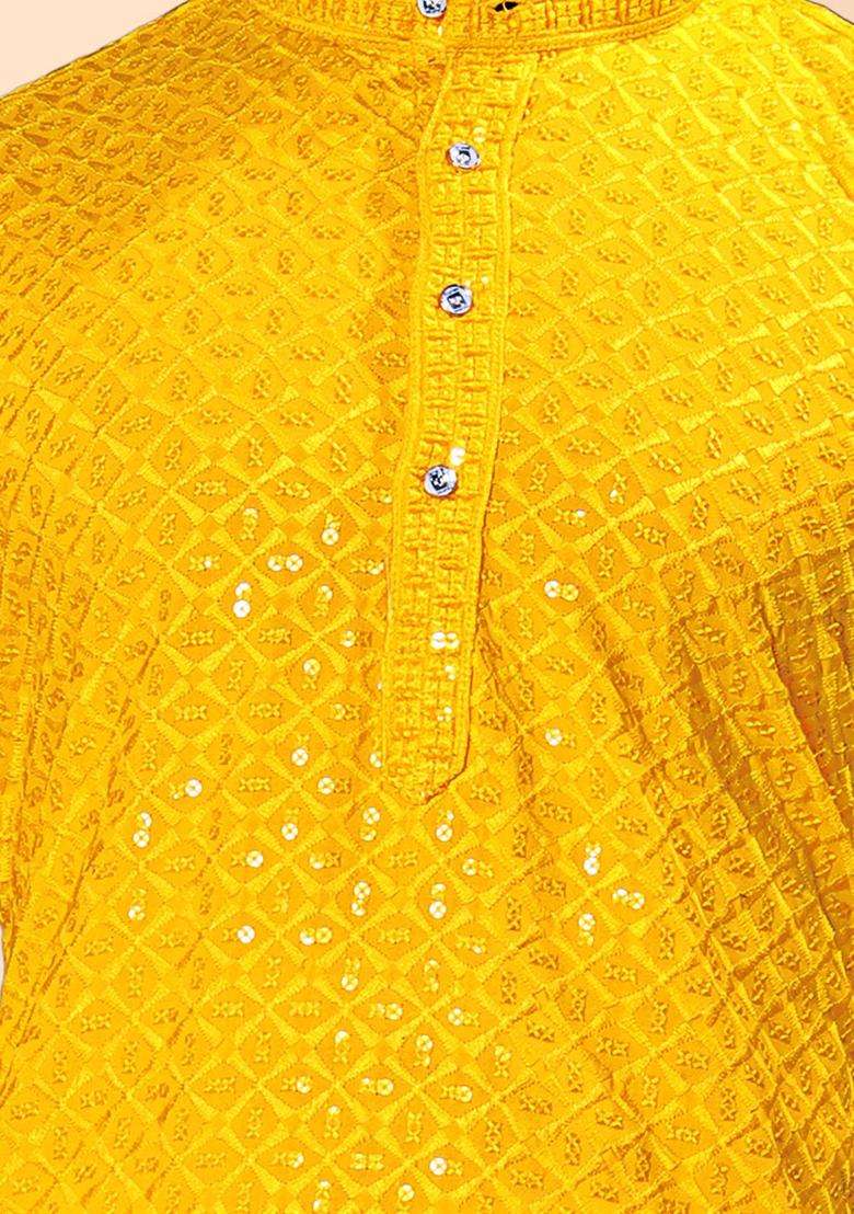 Yellow Embroidered Viscose Kurta Set For Men - Indya