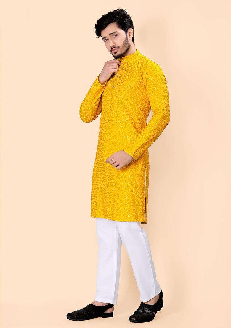 Yellow Embroidered Viscose Kurta Set For Men - Indya