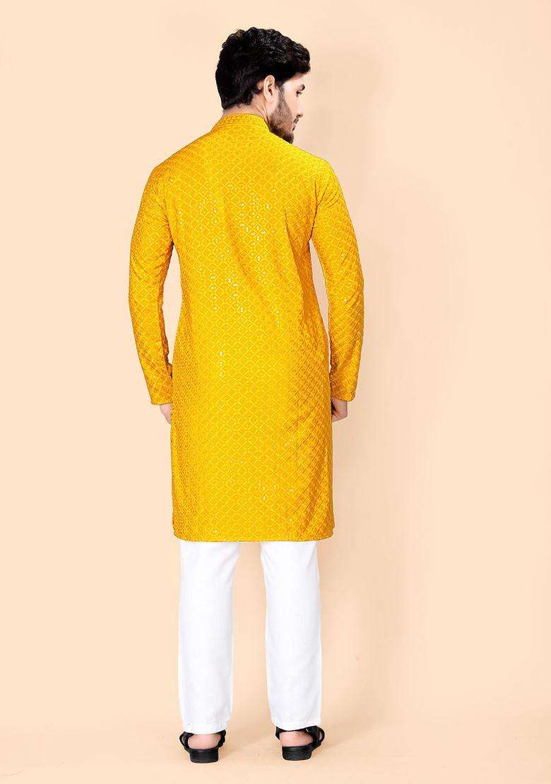 Yellow Embroidered Viscose Kurta Set For Men - Indya