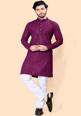 Purple Embroidered Viscose Kurta Set For Men