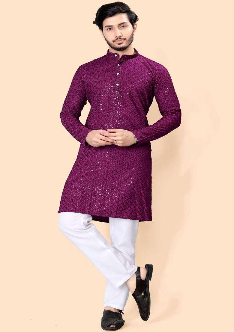 Purple Embroidered Viscose Kurta Set For Men - Indya