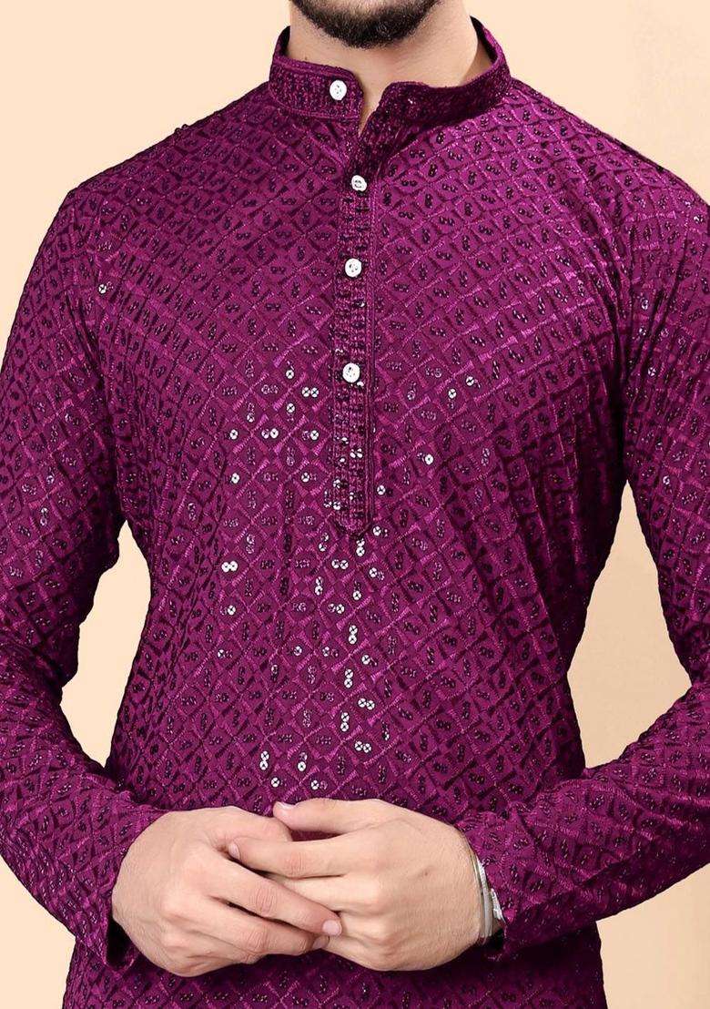 Purple Embroidered Viscose Kurta Set For Men - Indya