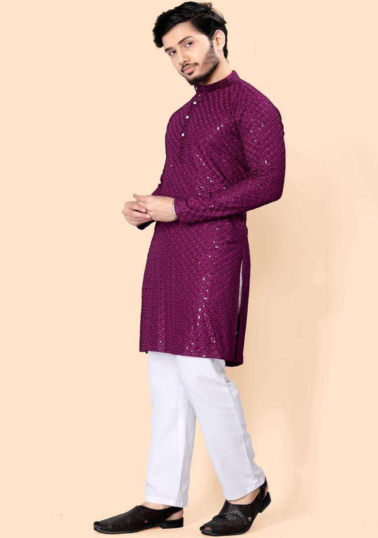 Purple Embroidered Viscose Kurta Set For Men - Indya