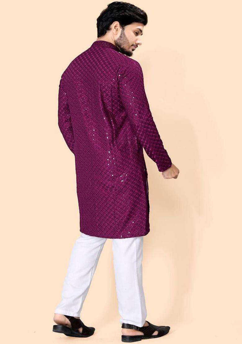 Purple Embroidered Viscose Kurta Set For Men - Indya