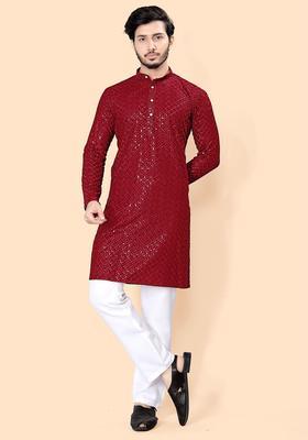 Maroon Embroidered Viscose Kurta Set For Men