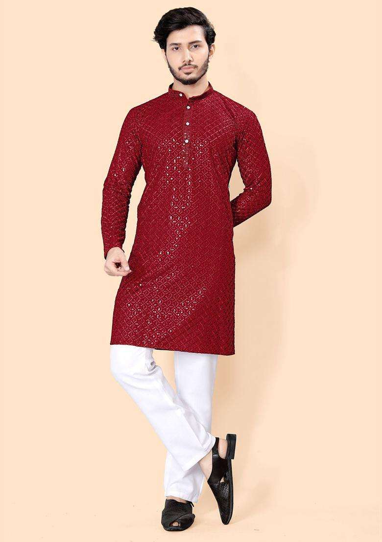 Maroon Embroidered Viscose Kurta Set For Men - Indya