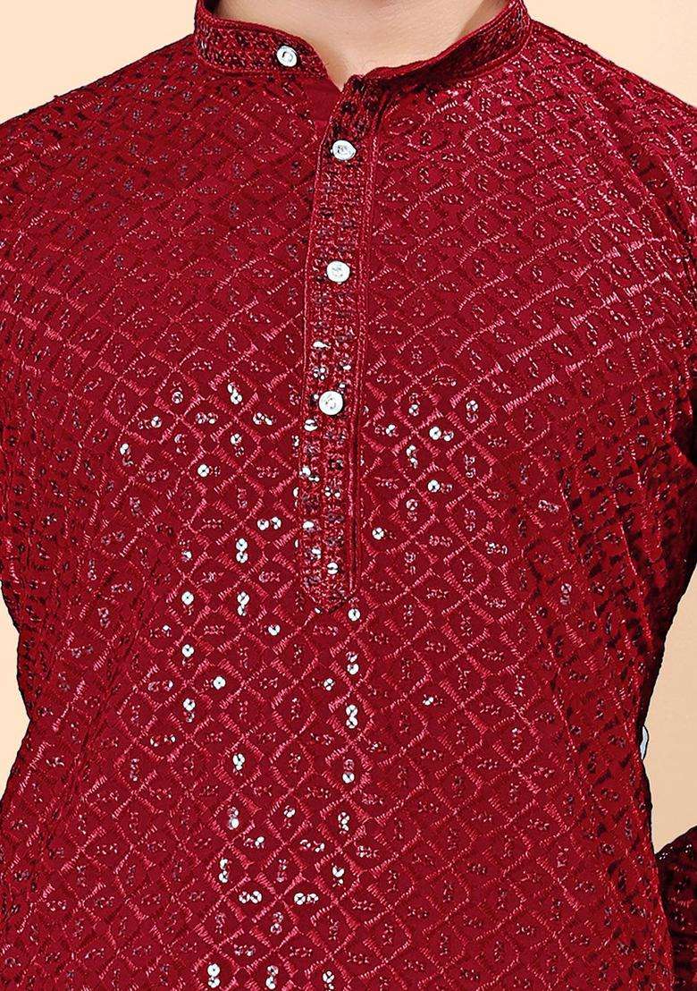 Maroon Embroidered Viscose Kurta Set For Men - Indya