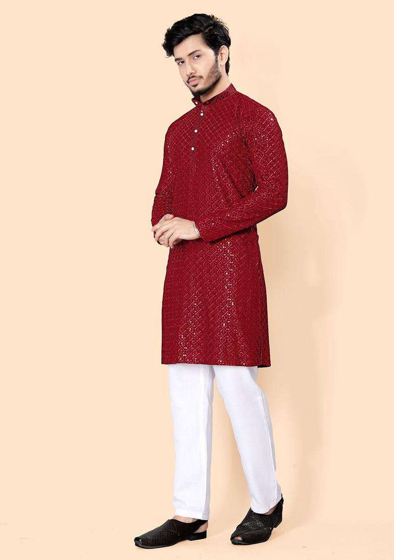 Maroon Embroidered Viscose Kurta Set For Men - Indya