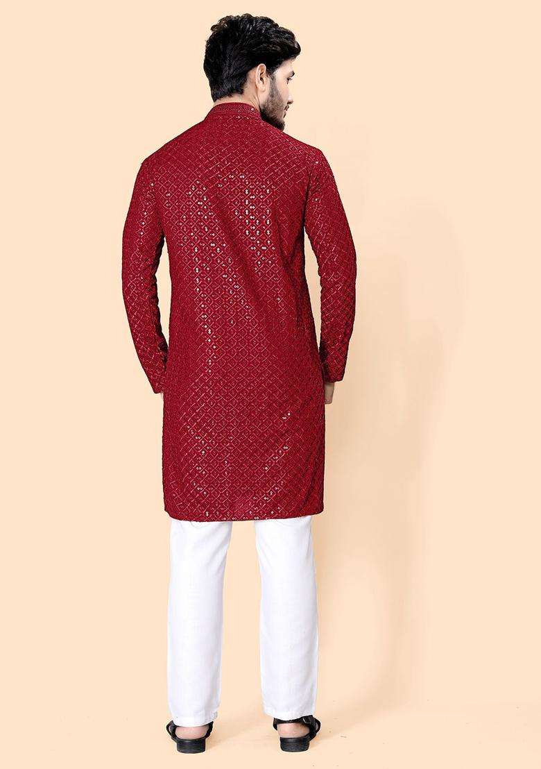 Maroon Embroidered Viscose Kurta Set For Men - Indya