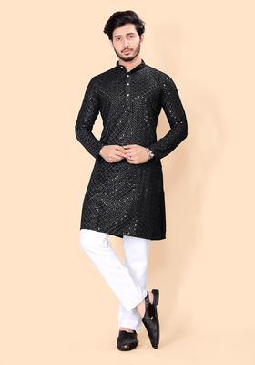 Black Embroidered Viscose Kurta Set For Men