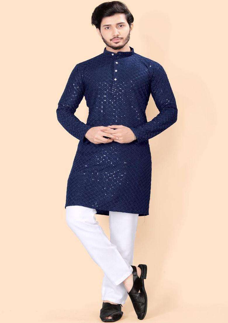 Navy Blue Embroidered Viscose Kurta Set For Men - Indya
