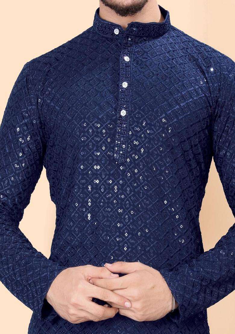 Navy Blue Embroidered Viscose Kurta Set For Men - Indya