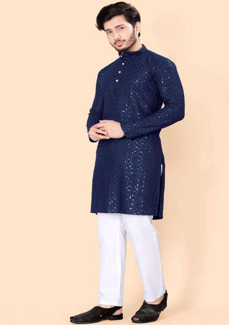 Navy Blue Embroidered Viscose Kurta Set For Men - Indya