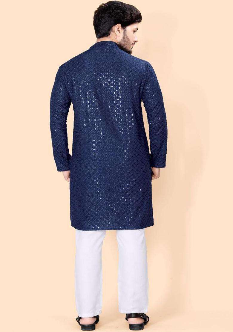 Navy Blue Embroidered Viscose Kurta Set For Men - Indya