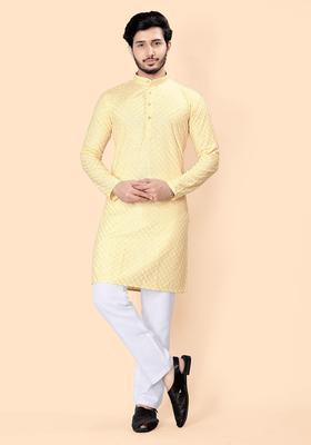 Yellow Embroidered Viscose Kurta Set For Men