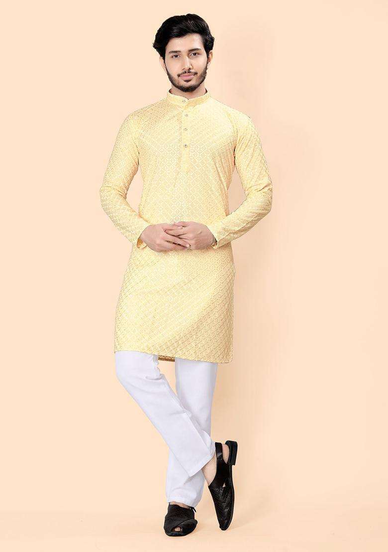 Yellow Embroidered Viscose Kurta Set For Men - Indya