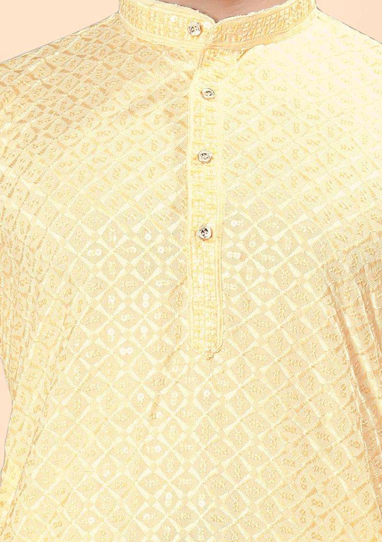 Yellow Embroidered Viscose Kurta Set For Men - Indya