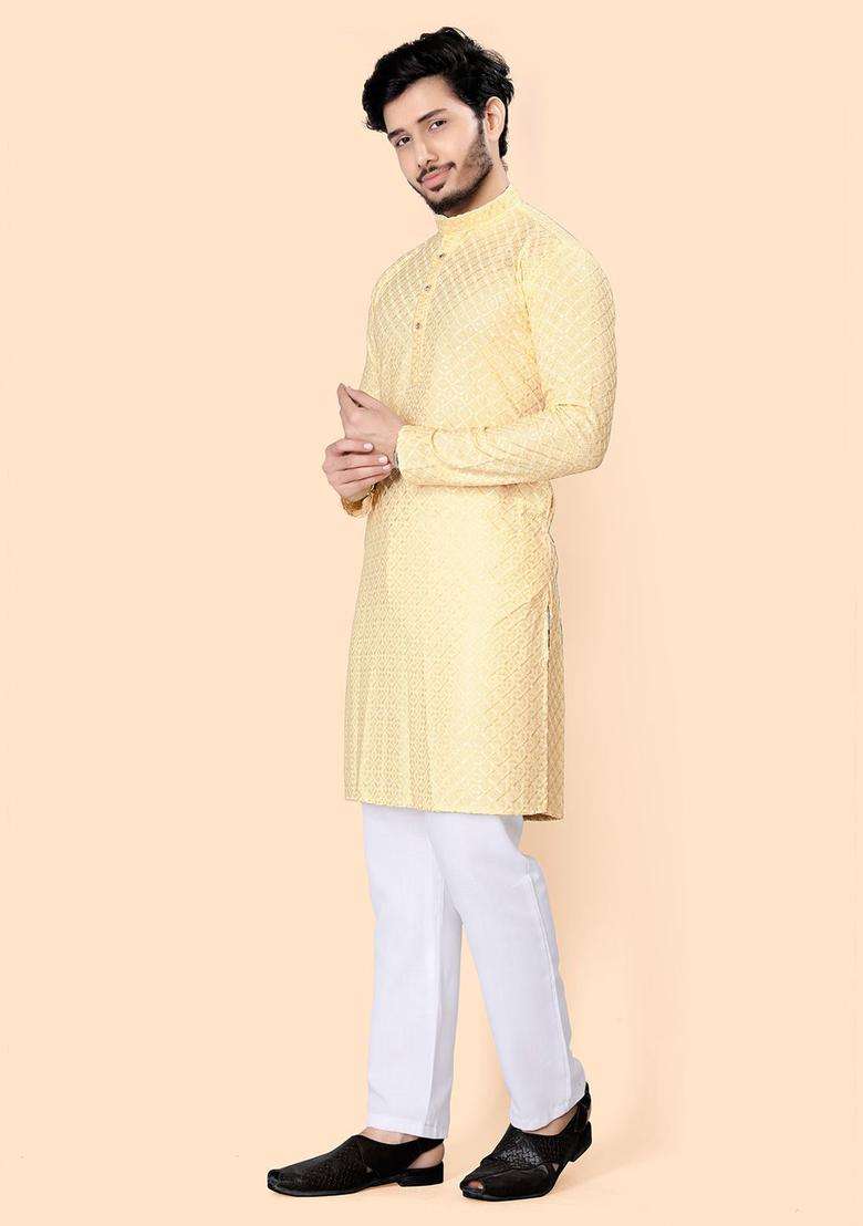 Yellow Embroidered Viscose Kurta Set For Men - Indya