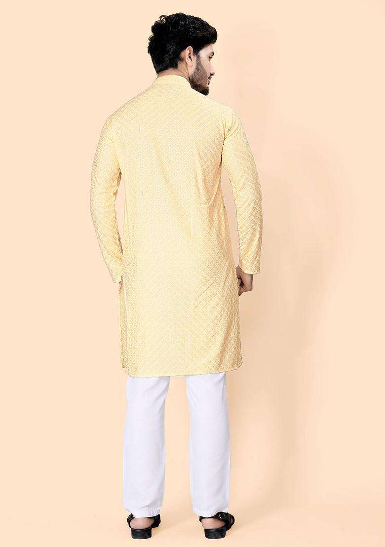 Yellow Embroidered Viscose Kurta Set For Men - Indya