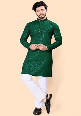 Green Striped Viscose Kurta Set For Men