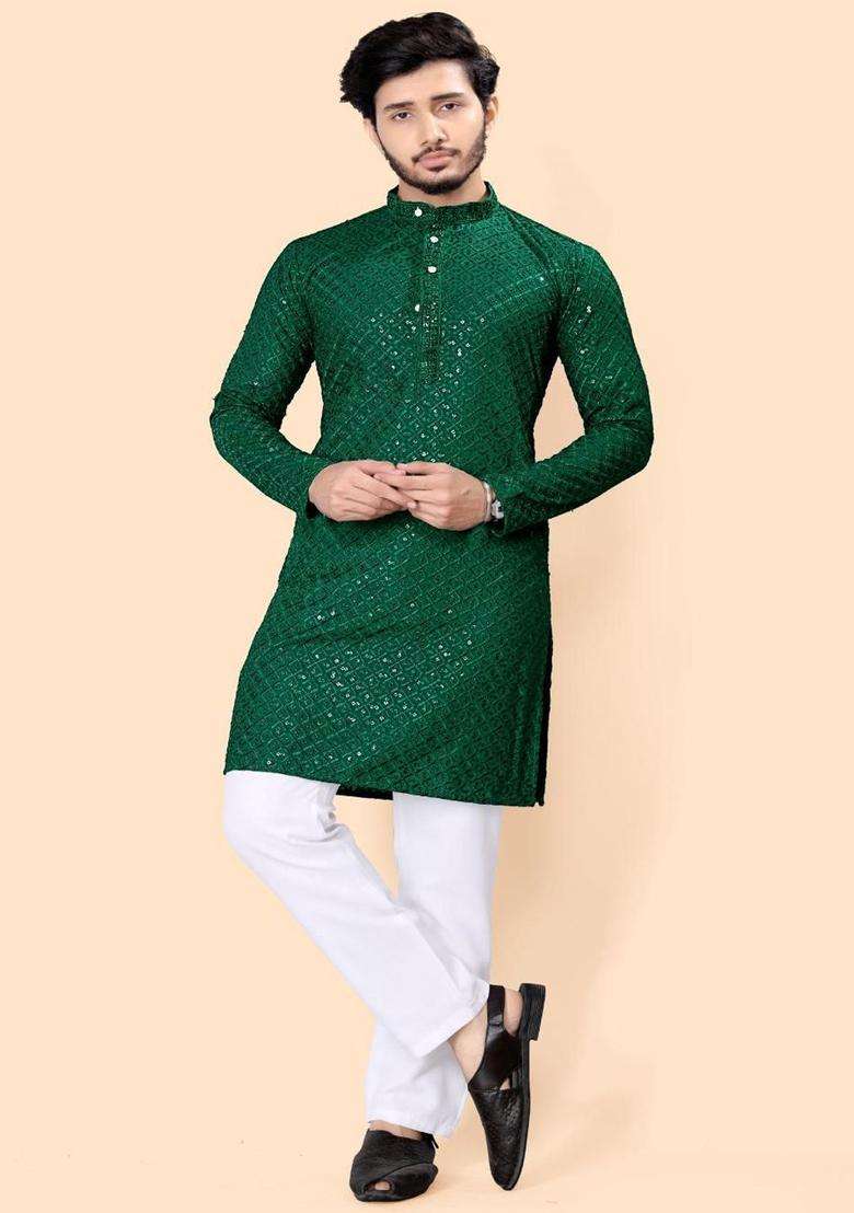Green Striped Viscose Kurta Set For Men - Indya
