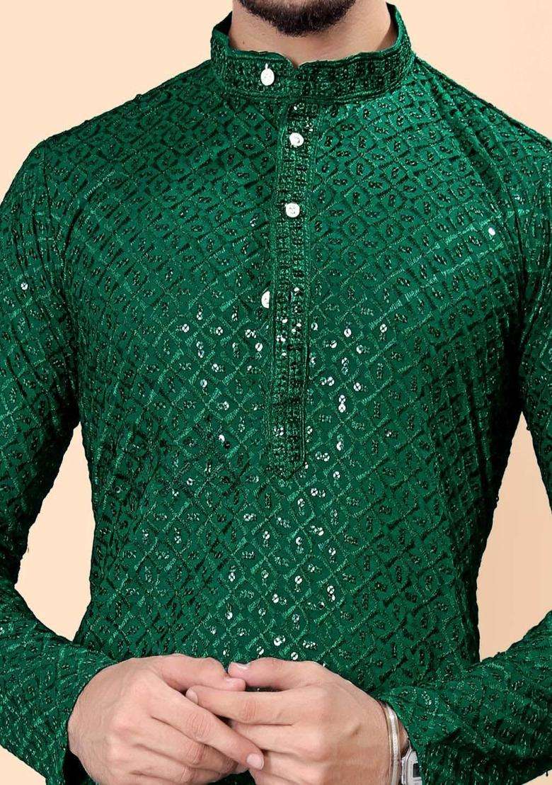 Green Striped Viscose Kurta Set For Men - Indya