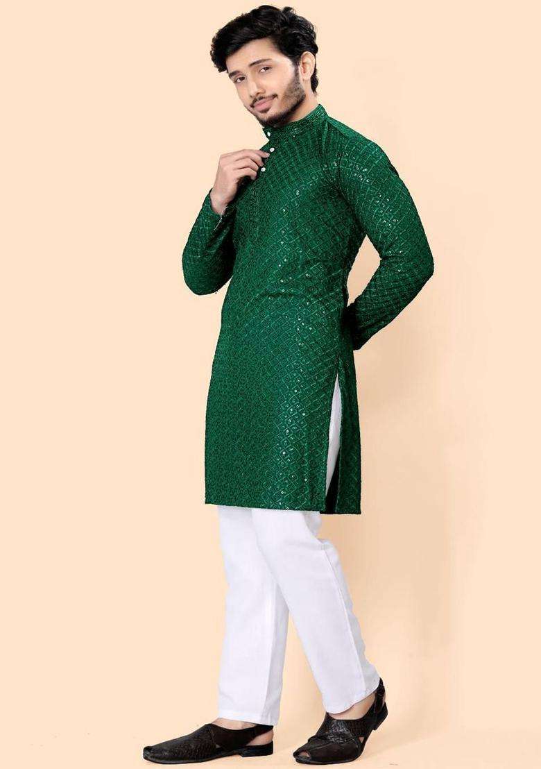 Green Striped Viscose Kurta Set For Men - Indya