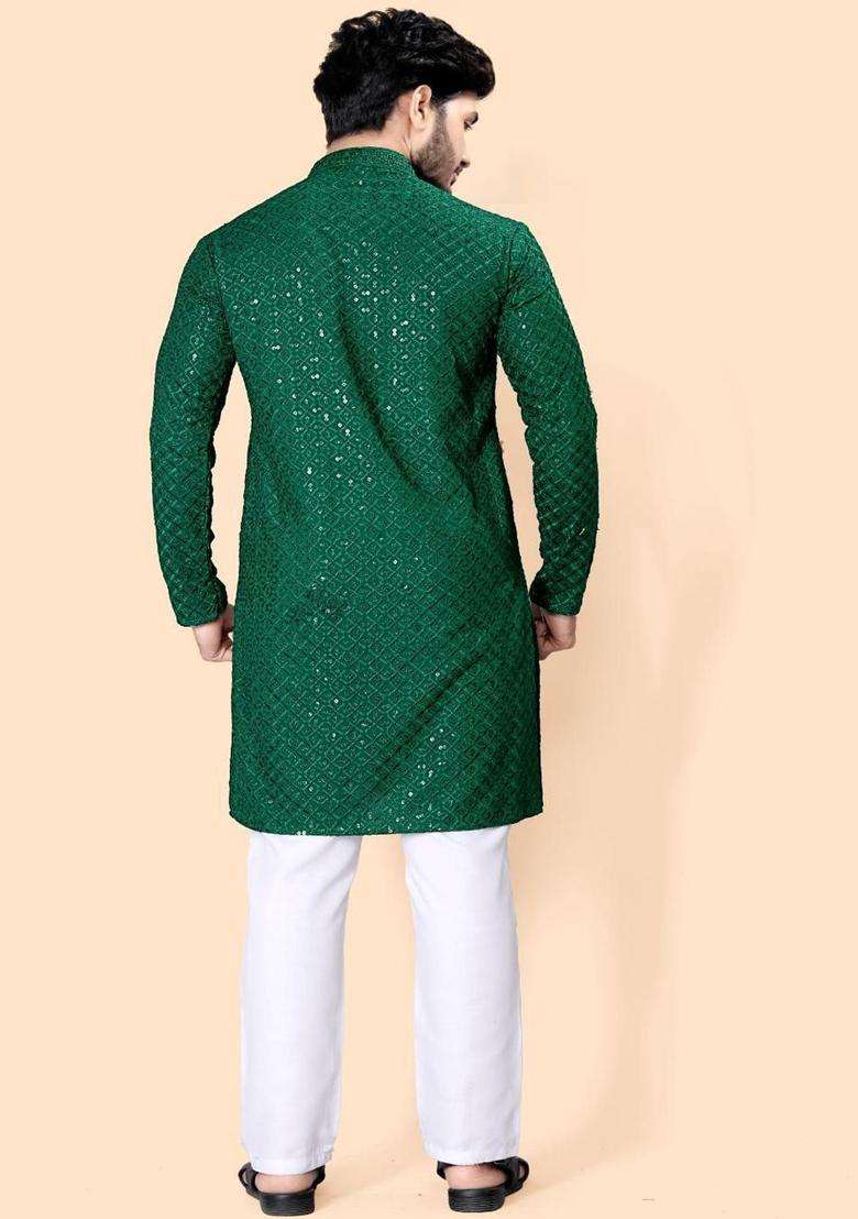 Green Striped Viscose Kurta Set For Men - Indya