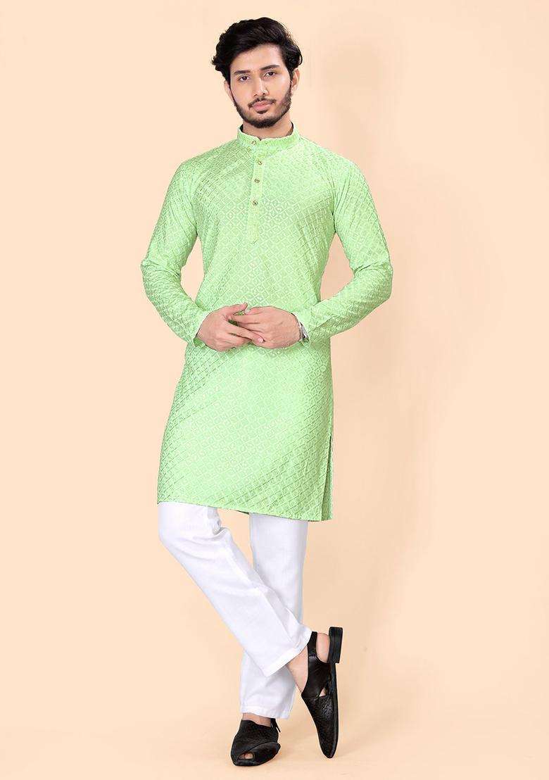 Green Embroidered Viscose Kurta Set For Men - Indya