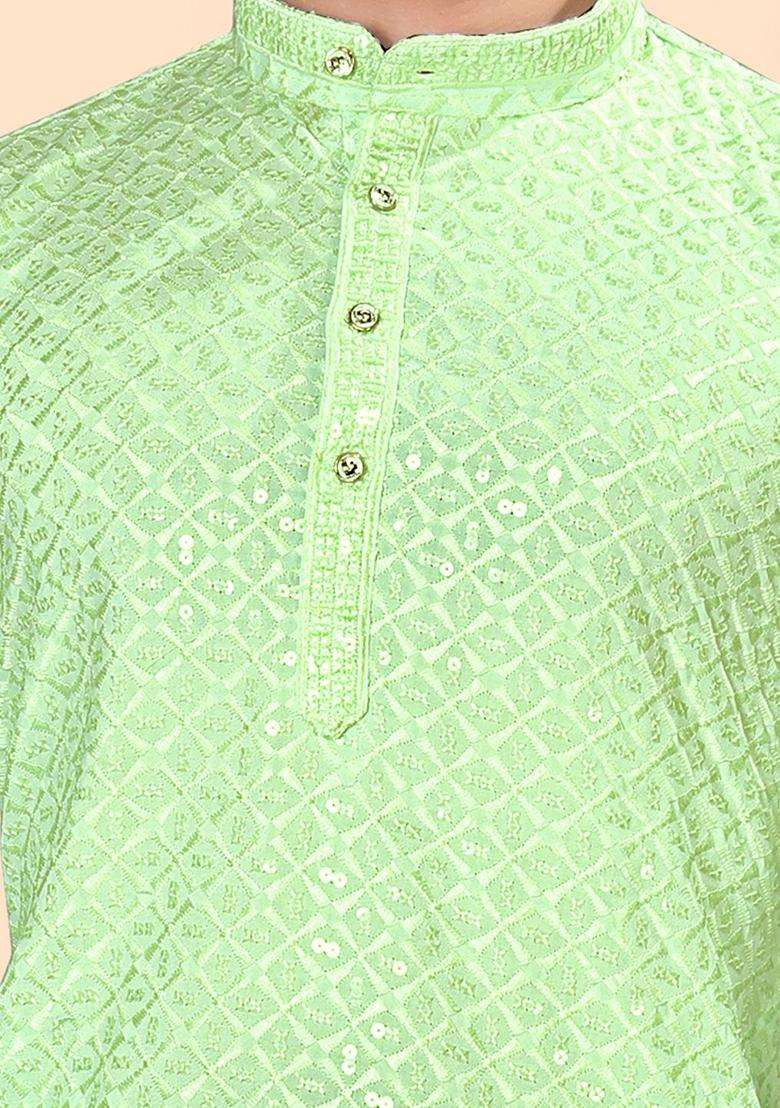 Green Embroidered Viscose Kurta Set For Men - Indya