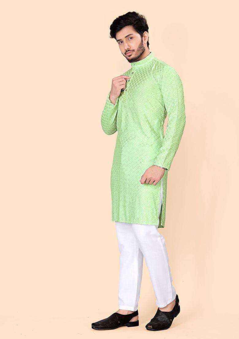 Green Embroidered Viscose Kurta Set For Men - Indya