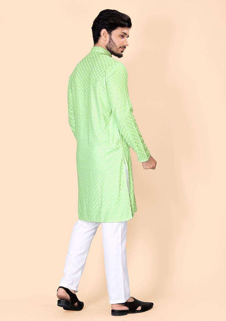 Green Embroidered Viscose Kurta Set For Men - Indya