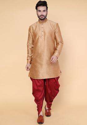 Rose Gold Solid Silk Kurta Set For Men