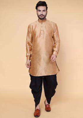 Rose Gold Solid Silk Kurta Set For Men