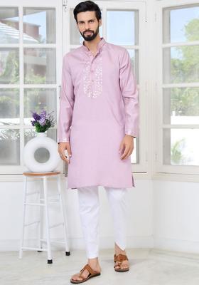 Purple Woven Design Cotton Kurta Set For Men