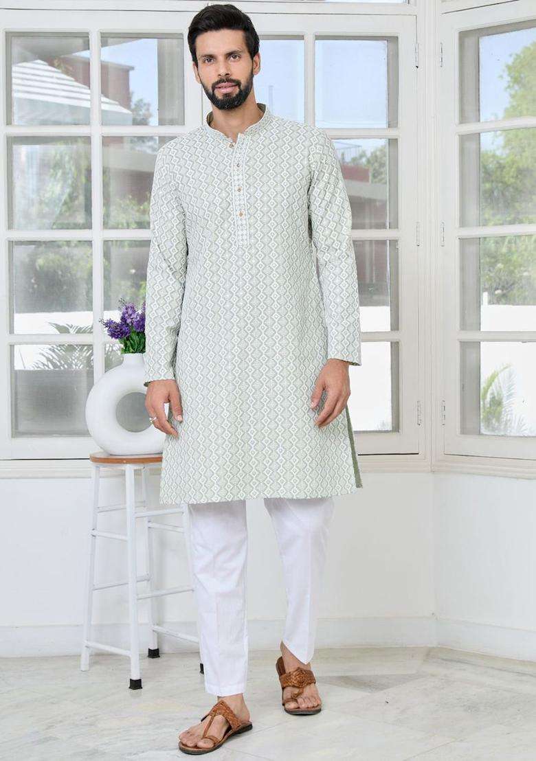 Grey Embroidered Viscose Kurta Set For Men - Indya
