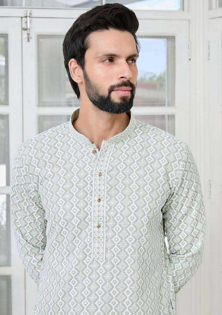 Grey Embroidered Viscose Kurta Set For Men - Indya