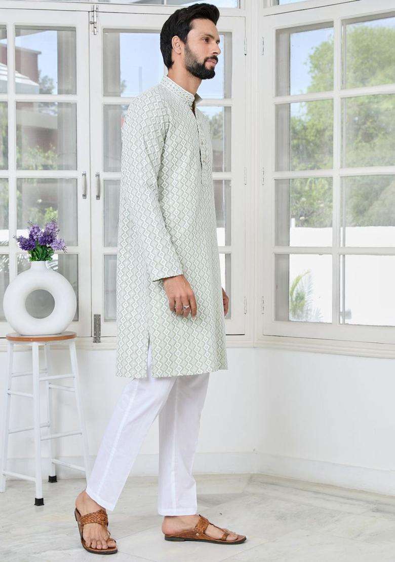 Grey Embroidered Viscose Kurta Set For Men - Indya
