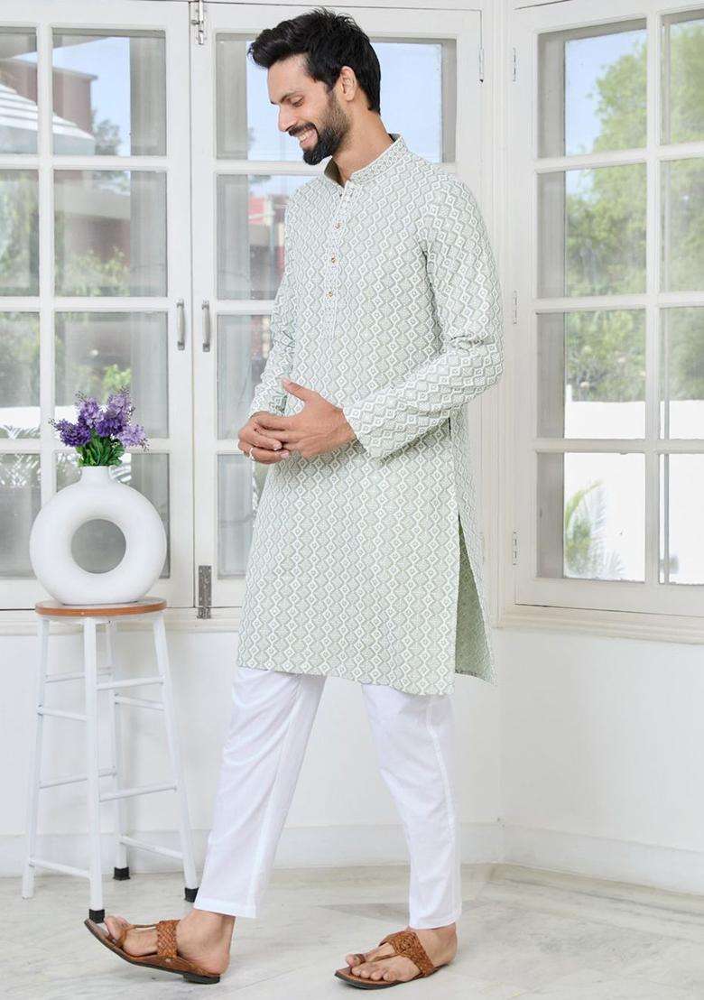 Grey Embroidered Viscose Kurta Set For Men - Indya