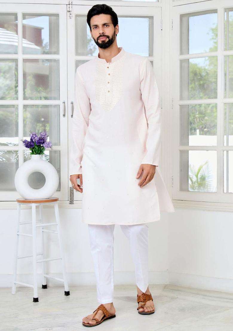 White Yoke Design Viscose Kurta Set For Men - Indya